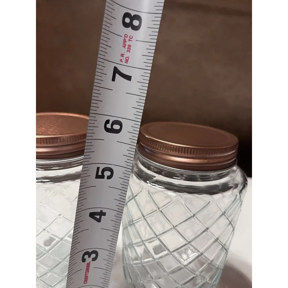 2) Decorative Glass Jar Copper Lid Lattice Diamond Pattern Storage Container NEW